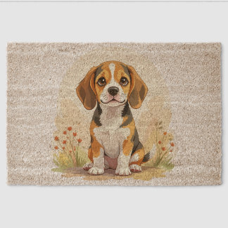 Cute Black Tan & White Tricolor Beagle Puppy Fiber Doormat