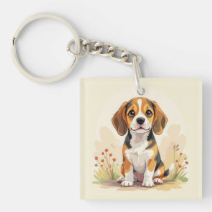 Cute Black Tan & White Tricolor Beagle Puppy Keychain