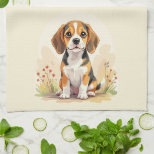 Cute Black Tan & White Tricolor Beagle Puppy Kitchen Towel