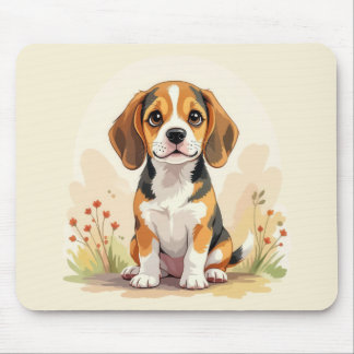 Cute Black Tan & White Tricolor Beagle Puppy Mouse Pad