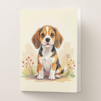 Cute Black Tan & White Tricolor Beagle Puppy Pocket Folder