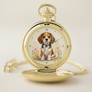 Cute Black Tan & White Tricolor Beagle Puppy Pocket Watch