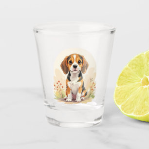 Cute Black Tan & White Tricolor Beagle Puppy Shot Glass