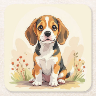 Cute Black Tan & White Tricolor Beagle Puppy Square Paper Coaster