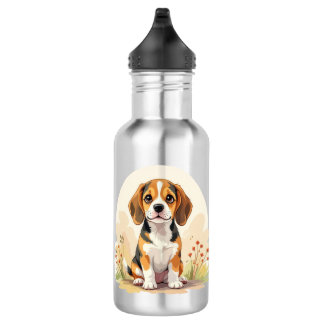 Cute Black Tan & White Tricolor Beagle Puppy Stainless Steel Water Bottle