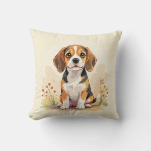 Cute Black Tan & White Tricolor Beagle Puppy Throw Pillow