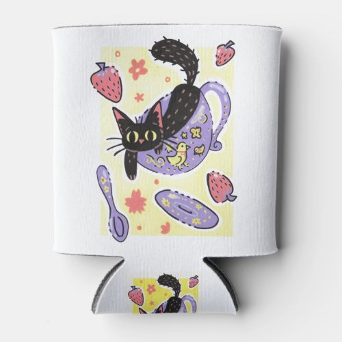 Cute Black Teacup Kitty and Strawberries Can Cooler