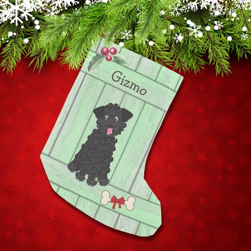 Cute Black Teacup Poodle Green Fence Monogram Small Christmas Stocking