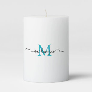 Cute Black Teal Script Typography Monogram Pillar Candle