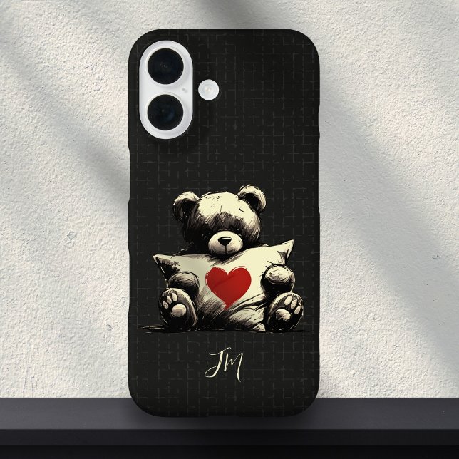 Cute Black Teddy Bear Hug Pillow Heart Monogram  Case-Mate iPhone Case (Creator Uploaded)