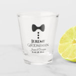 Cute Black Tie Tuxedo Groomsman Wedding Shot Glass<br><div class="desc">This fun shot glass features a cute design with a black bow tie and three buttons resembling a tuxedo. The text reads "Groomsman" with a place for his name. Below is space for the names of the couple and the wedding date. Great way to thank him for being a part...</div>