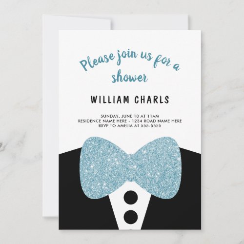 Cute Black Tuxedo Blue Glitter Bow Tie Baby Shower Invitation