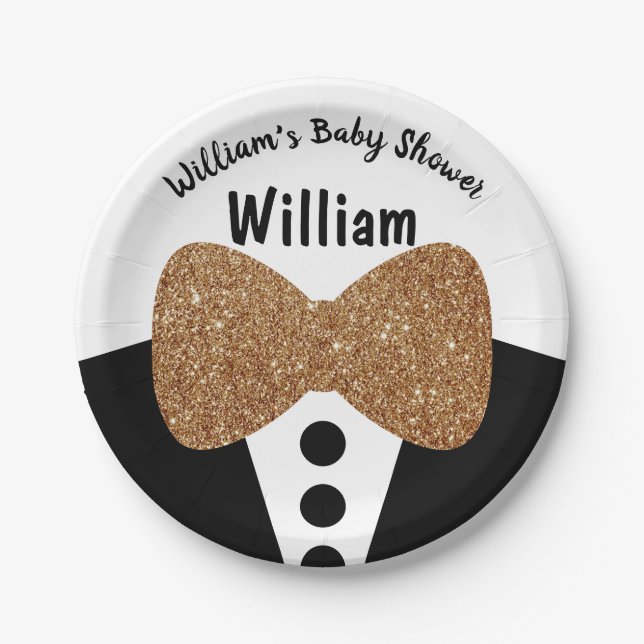 Cute Black Tuxedo Gold Glitter Bow Tie Baby Shower Paper Plates (Front)