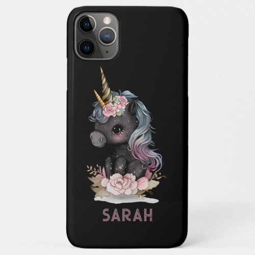 Cute Black Unicorn with Flowers Watercolor Unicorn iPhone 11 Pro Max Case