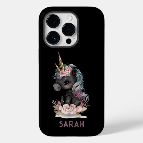 Cute Black Unicorn with Flowers Watercolor Unicorn Case_Mate iPhone 14 Pro Case