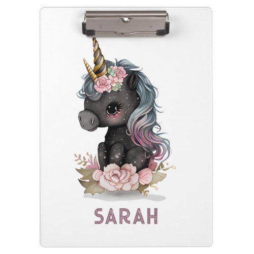 Cute Black Unicorn with Flowers Watercolor Unicorn Clipboard