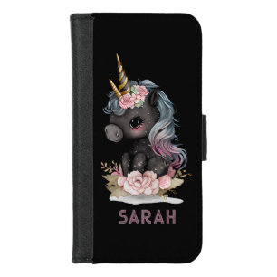 Cute Black Unicorn with Flowers Watercolor Unicorn iPhone 8/7 Wallet Case