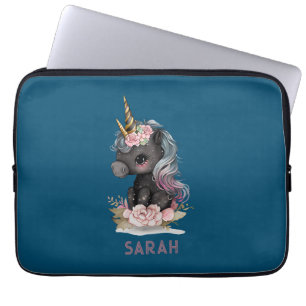 Cute Black Unicorn with Flowers Watercolor Unicorn Laptop Sleeve
