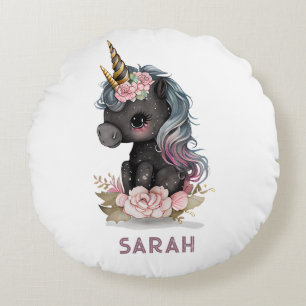 Cute Black Unicorn with Flowers Watercolor Unicorn Round Pillow