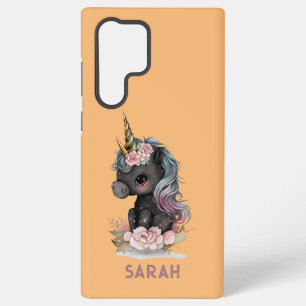 Cute Black Unicorn with Flowers Watercolor Unicorn Samsung Galaxy S22 Ultra Case