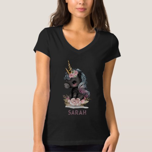 Cute Black Unicorn with Flowers Watercolor Unicorn T_Shirt