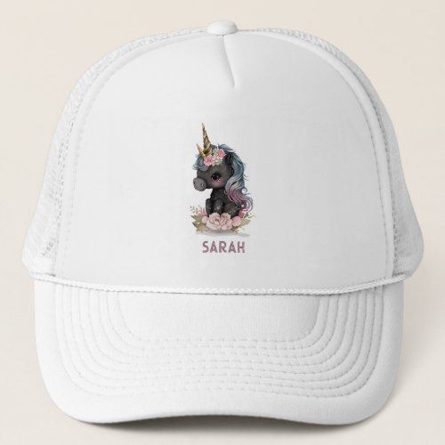 Cute Black Unicorn with Flowers Watercolor Unicorn Trucker Hat