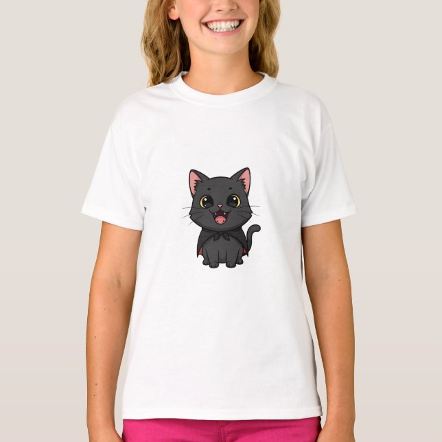 Cute Black Vampire Cat Kids T-Shirt (Front)