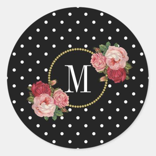 Cute Black Vintage Floral Gold Polka Dots Monogram Classic Round Sticker