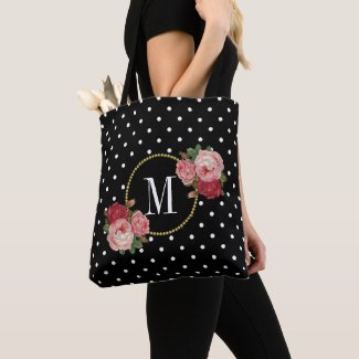 Cute Black Vintage Flowers Polka Dots Monogram Tote Bag