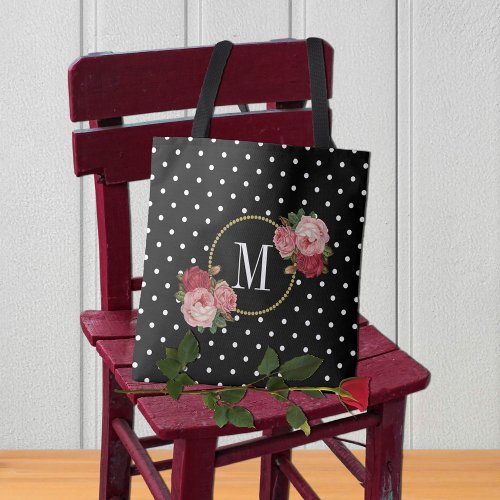 Cute Black Vintage Flowers Polka Dots Monogram Tote Bag