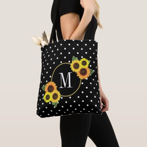 Cute Black Vintage Sunflowers Polka Dots Monogram Tote Bag