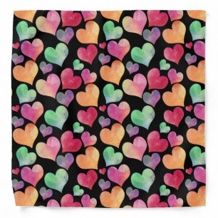 Cute Black Watercolor Colorful Heart Pattern Bandana