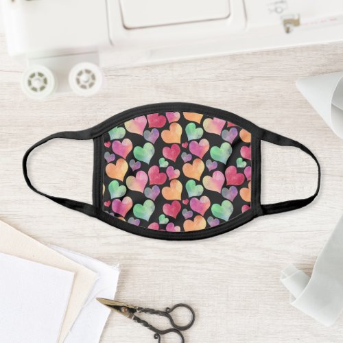 Cute Black Watercolor Colorful Heart Pattern Face Mask