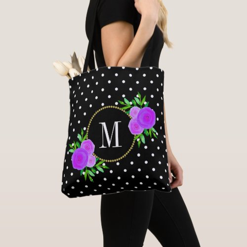 Cute Black Watercolor Purple Flowers Dots Monogram Tote Bag