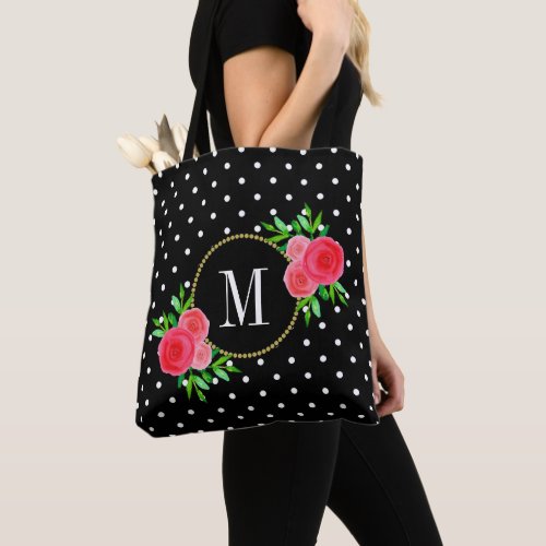 Cute Black Watercolor Red Flowers Dots Monogram Tote Bag