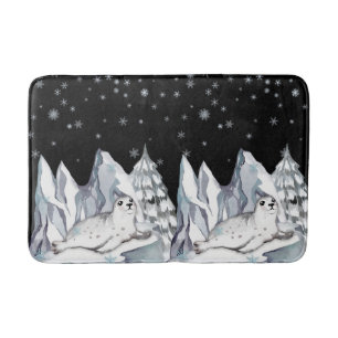 Cute Black Watercolor Winter Wonderland Snowflakes Bath Mat