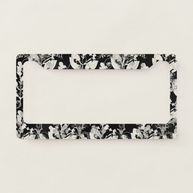 Cute black white abstract leaves patterns license plate frame (Front)