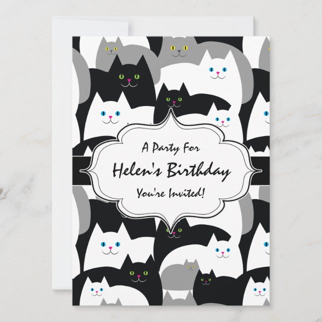 Cute Black White and Gray Cats Birthday Party Invitation (Front)