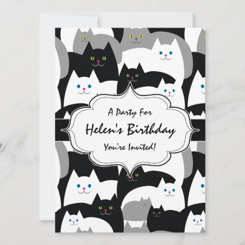 Cute Black White and Gray Cats Birthday Party Invitation