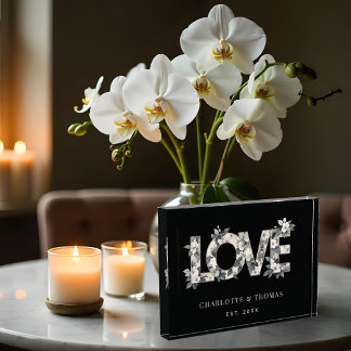 Cute Black White and Grey Shades Floral LOVE Word Photo Block