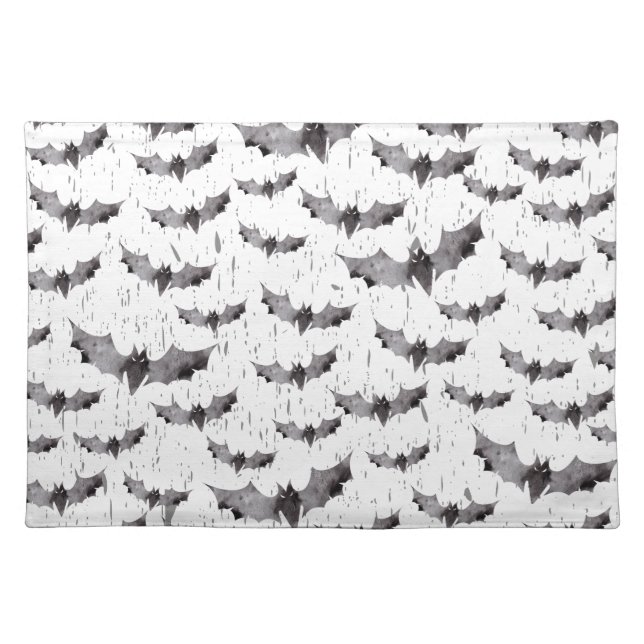Cute Black & White Bats Halloween Holiday Cloth Placemat (Front)