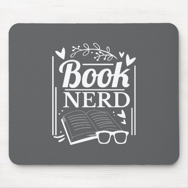 Cute Black White Book Nerd Bookworm Mouse Pad (Front)