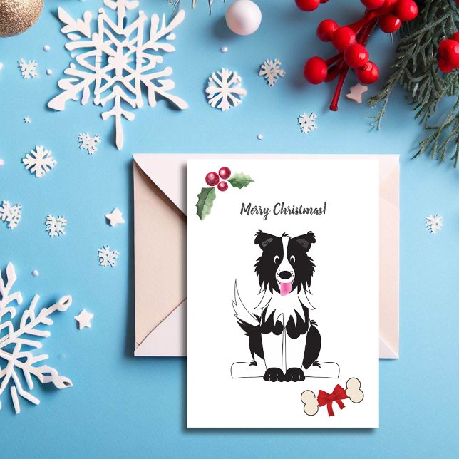 Cute Black White Border Collie Dog Customizable Holiday Card (Creator Uploaded)