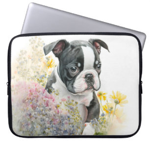 CUTE BLACK & WHITE BOSTON TERRIER PUPPY DOG LAPTOP SLEEVE