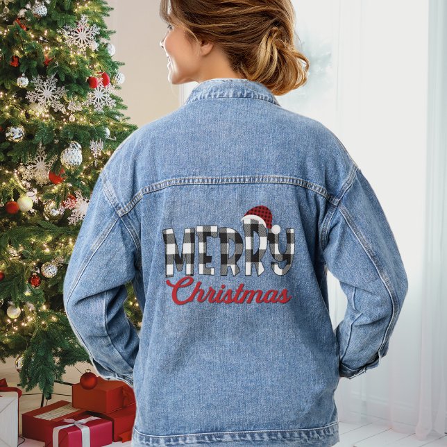 Cute Black & White Buffalo Plaid Merry Christmas Denim Jacket (Cute Black & White Buffalo Plaid Merry Christmas Denim Jacket)