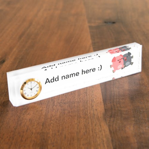 Cute BlackWhite Cartoon Pigs Clock Desk Nameplate