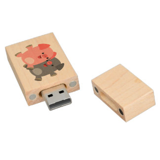 Cute Black & White Cartoon Pigs USB Drive Wood