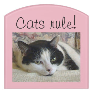 Cute Black White Cat Cat’s Rule Saying Door Sign