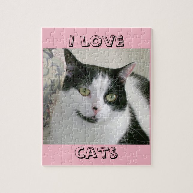 Cute Black White Cat I love Cats Saying Jigsaw Puzzle (Vertical)