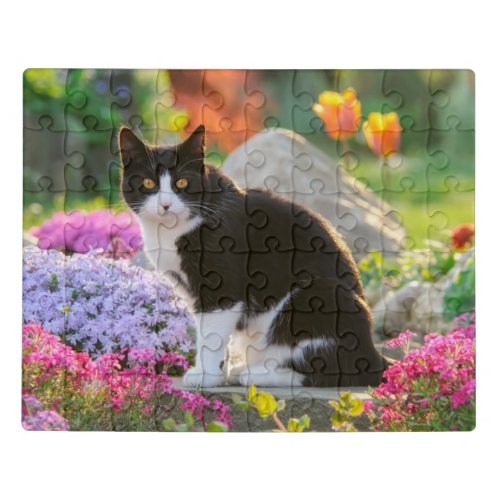 Cute Black White Cat in a Colorful Flowery Garden Jigsaw Puzzle